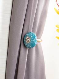 Floral Ceramic Curtain Tie Back Hook Hand-Painted Blue Antique Finish - thumbnail 1