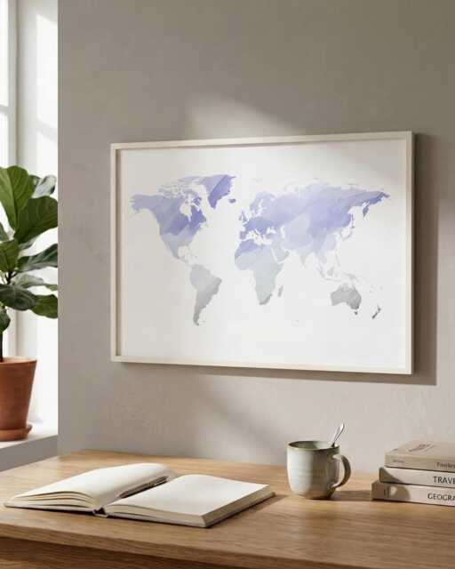 Purple Watercolor World Map Print - Home Office Wall Art - image 1