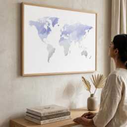 Purple Watercolor World Map Print - Home Office Wall Art - thumbnail 3