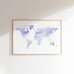 Purple Watercolor World Map Print - Wall Art Housewarming & Anniversary Gift - thumbnail 1