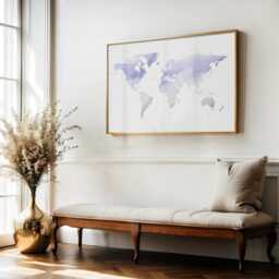 Purple Watercolor World Map Print - Home Office Wall Art - thumbnail 2