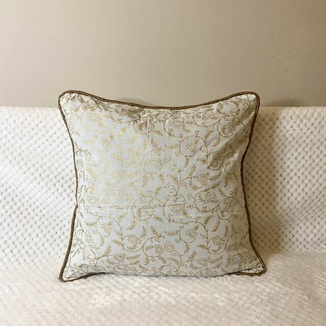 Cushion Cover, Throw Pillow Case, Cover, Block Print, White, Off White, Gold Leaf, Floral Paisley, 16 Inches, Accent Cushion, India Art Gift - image 1