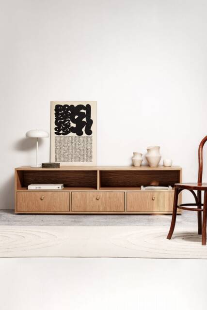 "Sideboard, Tv Cabinet, Bookshelf Sideboard, Oak Veneer With 2 Shelves & 3 Drawers ""Grass" - image 1
