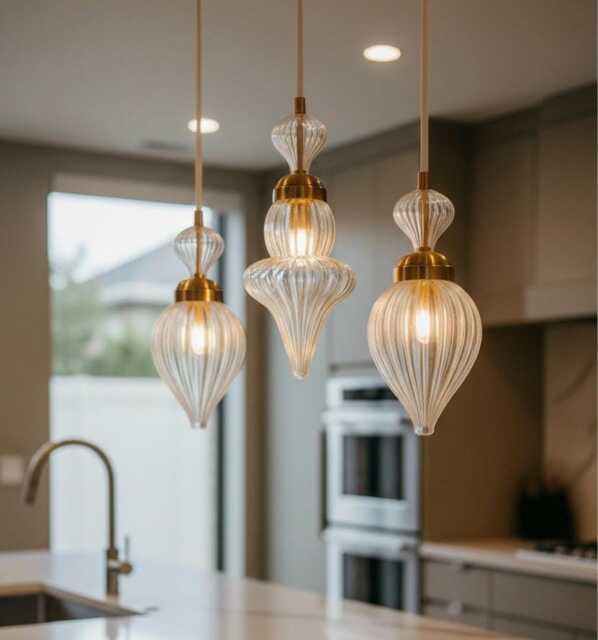 Ribbed Teardrop Ceiling Lights With Brass Finish - Set Of Three Blown Glass Pendant Lighting For Kitchen, Dining, Entryway - image 1