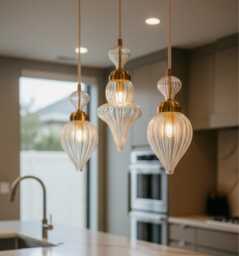 Ribbed Teardrop Ceiling Lights With Brass Finish - Set Of Three Blown Glass Pendant Lighting For Kitchen, Dining, Entryway