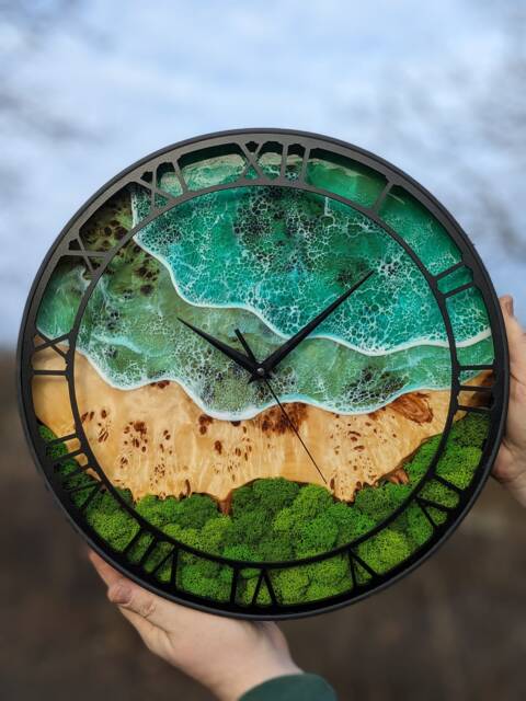 Epoxy Resin Wood Wall Clock Metal Frame, Moss Decor - 14'' - image 1