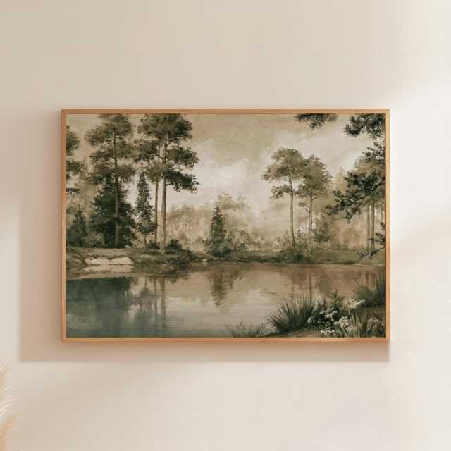 Forest Lake Poster, Sepia Woodland Wall Art, Nature Landscape Print - image 1