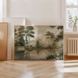 Forest Lake Poster, Sepia Woodland Wall Art, Nature Landscape Print - thumbnail 4