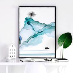 Japanese Painting Poster Prints Set X 3, Teal Calming Bedroom Decor, Asian Inspired Wall Landscape Minimalist Mountain Scape - thumbnail 2