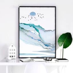 Japanese Painting Poster Prints Set X 3, Teal Calming Bedroom Decor, Asian Inspired Wall Landscape Minimalist Mountain Scape - thumbnail 3