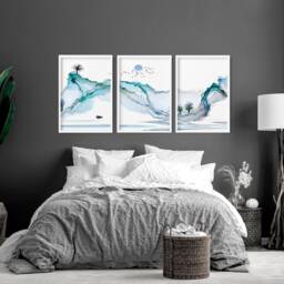 Japanese Painting Poster Prints Set X 3, Teal Calming Bedroom Decor, Asian Inspired Wall Landscape Minimalist Mountain Scape