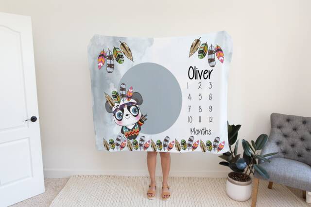 Wild Animal Milestone Blanket Boy Monthly Photos Blanket-Personalized Baby With Watercolor Panda - Shower Gift - image 1