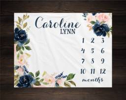 Girl Milestone Blanket Personalized Monthly Growth Tracker Custom Baby Shower Gift For New Mom Watercolor Floral Newborn Nursery