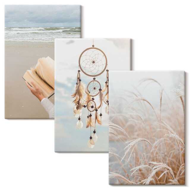 Canvas Wall Art Set Of 3 - Peaceful Landscapes, Delicate Summer Views, Boho Style, Beige Print On Canvas, Travels Decor - image 1