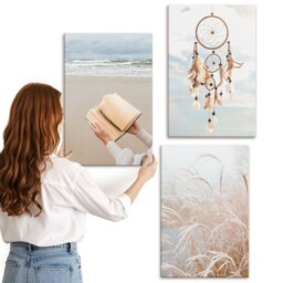 Canvas Wall Art Set Of 3 - Peaceful Landscapes, Delicate Summer Views, Boho Style, Beige Print On Canvas, Travels Decor - thumbnail 2