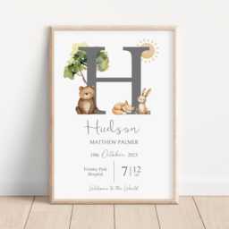 New Baby Forest Print - Birth Details Gift Newborn Present Personalised Woodland Theme - thumbnail 1