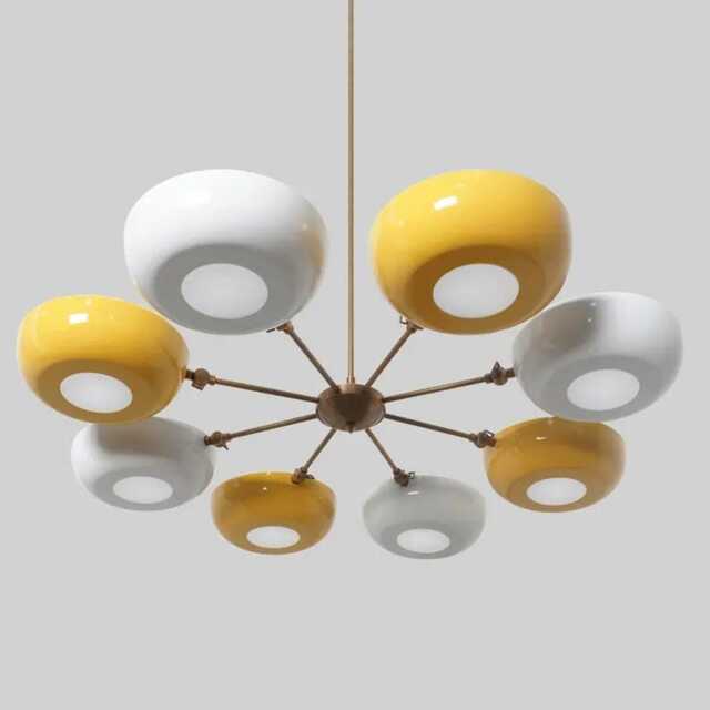Sputnik Chandelier, Mid Century Modern Lighting, 8-Light Pendant Lamp, Yellow & White Glass Shade - image 1