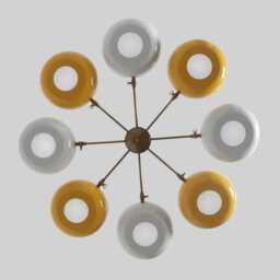 Sputnik Chandelier, Mid Century Modern Lighting, 8-Light Pendant Lamp, Yellow & White Glass Shade - thumbnail 2