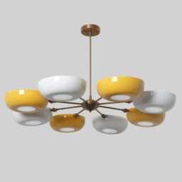 Sputnik Chandelier, Mid Century Modern Lighting, 8-Light Pendant Lamp, Yellow & White Glass Shade - thumbnail 3