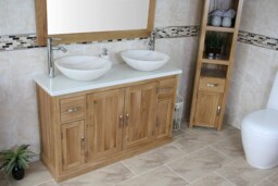 Oak Bathroom Vanity Unit Quartz Top Cabinet Twin Marble Bowl Basin Tap Plug 402Wqsbcx2