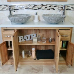 Oak Bathroom Vanity Unit Quartz Top Cabinet Twin Marble Bowl Basin Tap Plug 402Wqsbcx2 - thumbnail 3