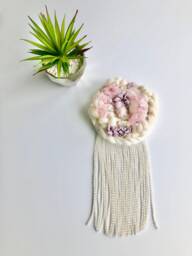 Pink Iridescent 6-Inch Round Woven Wall Hanging With Beaded Fringe - thumbnail 1