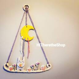 The Moon Rabbit & The Mushrooms - Ceramic Handmade Wall Hanging Art, Wall D??cor. Home Decor, Nursery. Animal. Pottery Gift - thumbnail 3