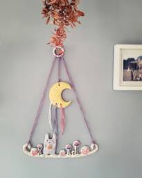 The Moon Rabbit & The Mushrooms - Ceramic Handmade Wall Hanging Art, Wall D??cor. Home Decor, Nursery. Animal. Pottery Gift