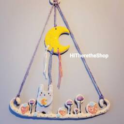 The Moon Rabbit & The Mushrooms - Ceramic Handmade Wall Hanging Art, Wall D??cor. Home Decor, Nursery. Animal. Pottery Gift - thumbnail 2