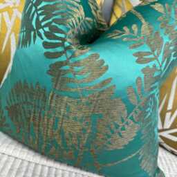 Teal - Gold Cushion Cover -Extravagance Fabric By Harlequin , Decorative Cover, Tropical Palm Design Double Sided - thumbnail 3