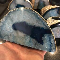 Large Blue Agate End Microcrystalline Quartz Gold Gilded 24Ct Tealight Candle Holder - thumbnail 3