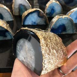 Large Blue Agate End Microcrystalline Quartz Gold Gilded 24Ct Tealight Candle Holder - thumbnail 2