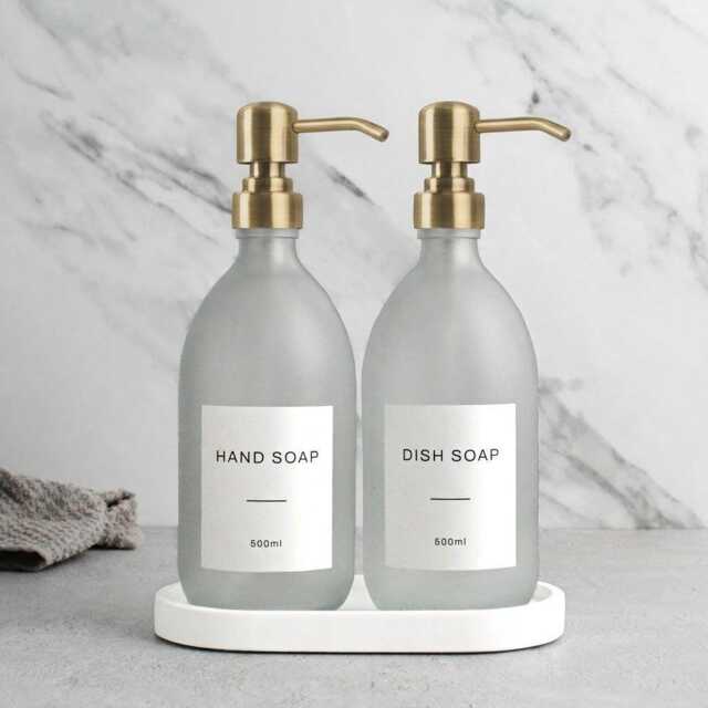 White Tray & Frosted Dispenser Set - Labelled Refillable Bottle With Gold Pump & Label - For Shampoo, Hand Soap, Cream, Body Wash - image 1