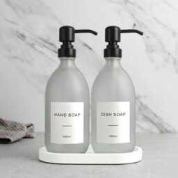 White Tray & Frosted Dispenser Set - Labelled Refillable Bottle With Gold Pump & Label - For Shampoo, Hand Soap, Cream, Body Wash - thumbnail 2