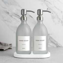 White Tray & Frosted Dispenser Set - Labelled Refillable Bottle With Gold Pump & Label - For Shampoo, Hand Soap, Cream, Body Wash - thumbnail 3