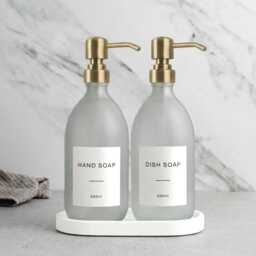 White Tray & Frosted Dispenser Set - Labelled Refillable Bottle With Gold Pump & Label - For Shampoo, Hand Soap, Cream, Body Wash - thumbnail 1