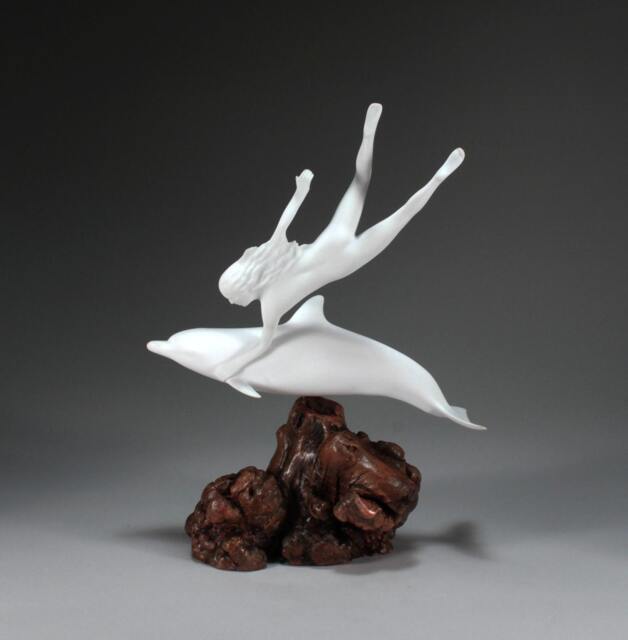 Dolphin & Lady Sculpture By John Perry 15In Tall On Polished Burlwood Base. Signed - image 1