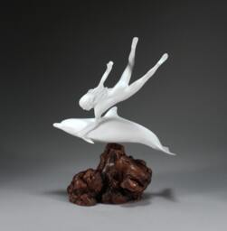 Dolphin & Lady Sculpture By John Perry 15In Tall On Polished Burlwood Base. Signed - thumbnail 1