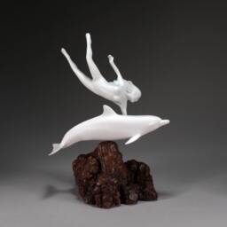 Dolphin & Lady Sculpture By John Perry 15In Tall On Polished Burlwood Base. Signed - thumbnail 2