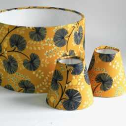 Candle Clip Lampshade Mustard & Navy Botanical Pattern Oekotex Cotton - thumbnail 2