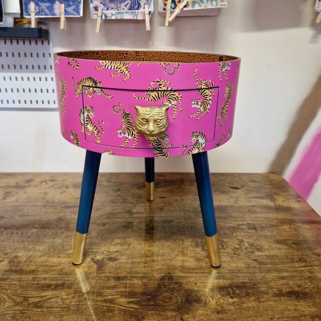 Hot Pink Magenta Tiger & Navy Round Bedside Table . Fun Bright Home Decor Ideal For Nightstand Or Side Table. Comes With Inbuilt Drawer - image 1