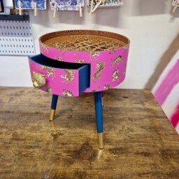 Hot Pink Magenta Tiger & Navy Round Bedside Table . Fun Bright Home Decor Ideal For Nightstand Or Side Table. Comes With Inbuilt Drawer - thumbnail 2