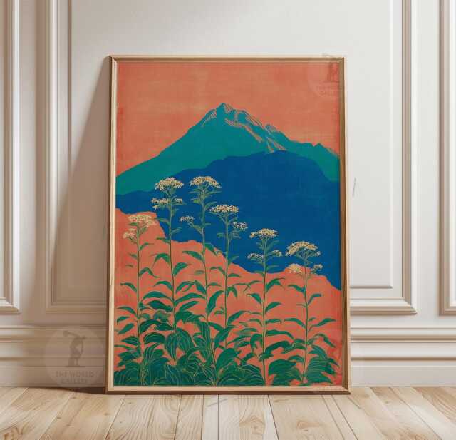 Teal & Coral Mountain Poster - Japanese Landscape Wall Art Print Snow Capped Peak With White Wildflowers - image 1