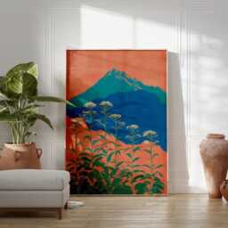 Teal & Coral Mountain Poster - Japanese Landscape Wall Art Print Snow Capped Peak With White Wildflowers - thumbnail 3