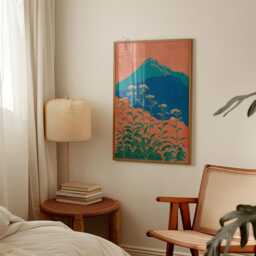 Teal & Coral Mountain Poster - Japanese Landscape Wall Art Print Snow Capped Peak With White Wildflowers - thumbnail 2