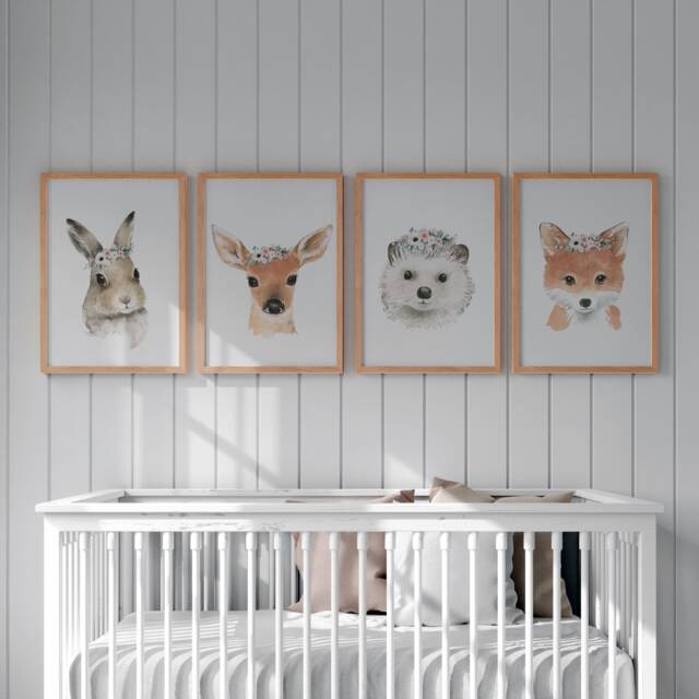 Floral Woodland Animals, Nursery Decor, Girls, Baby, Nursery Prints, Watercolour, Boho Nursery, Nursery Wall Art, Baby Girl Room, Bunny, Pink - image 1