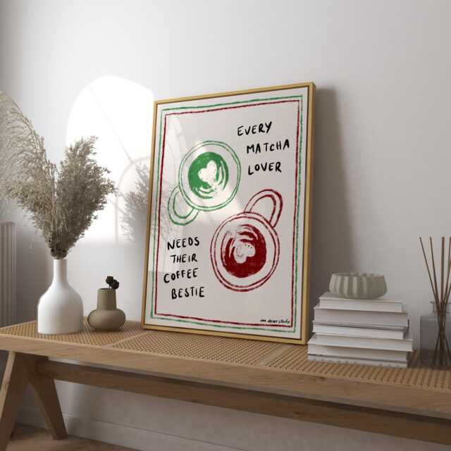 Every Matcha Lover Needs Their Coffee Bestie Art Print Poster, Latte Vintage Bar Cart Art, Trendy Retro Modern Kitchen Wall - image 1