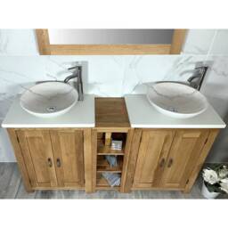 Bathroom Vanity Unit - Sink Washstand Slimline Oak With White Quartz Worktop & Sit On Basins Taps Plugs Included - thumbnail 2