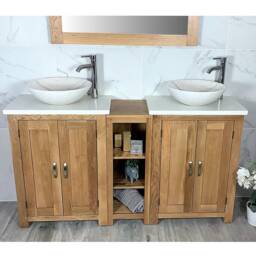 Bathroom Vanity Unit - Sink Washstand Slimline Oak With White Quartz Worktop & Sit On Basins Taps Plugs Included