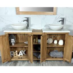 Bathroom Vanity Unit - Sink Washstand Slimline Oak With White Quartz Worktop & Sit On Basins Taps Plugs Included - thumbnail 3